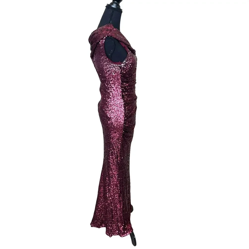 Badgley Mischka Bordeaux Red Sequin Gown Size 22 Off Shoulder Formal Luxury $695 - Picture 13 of 14